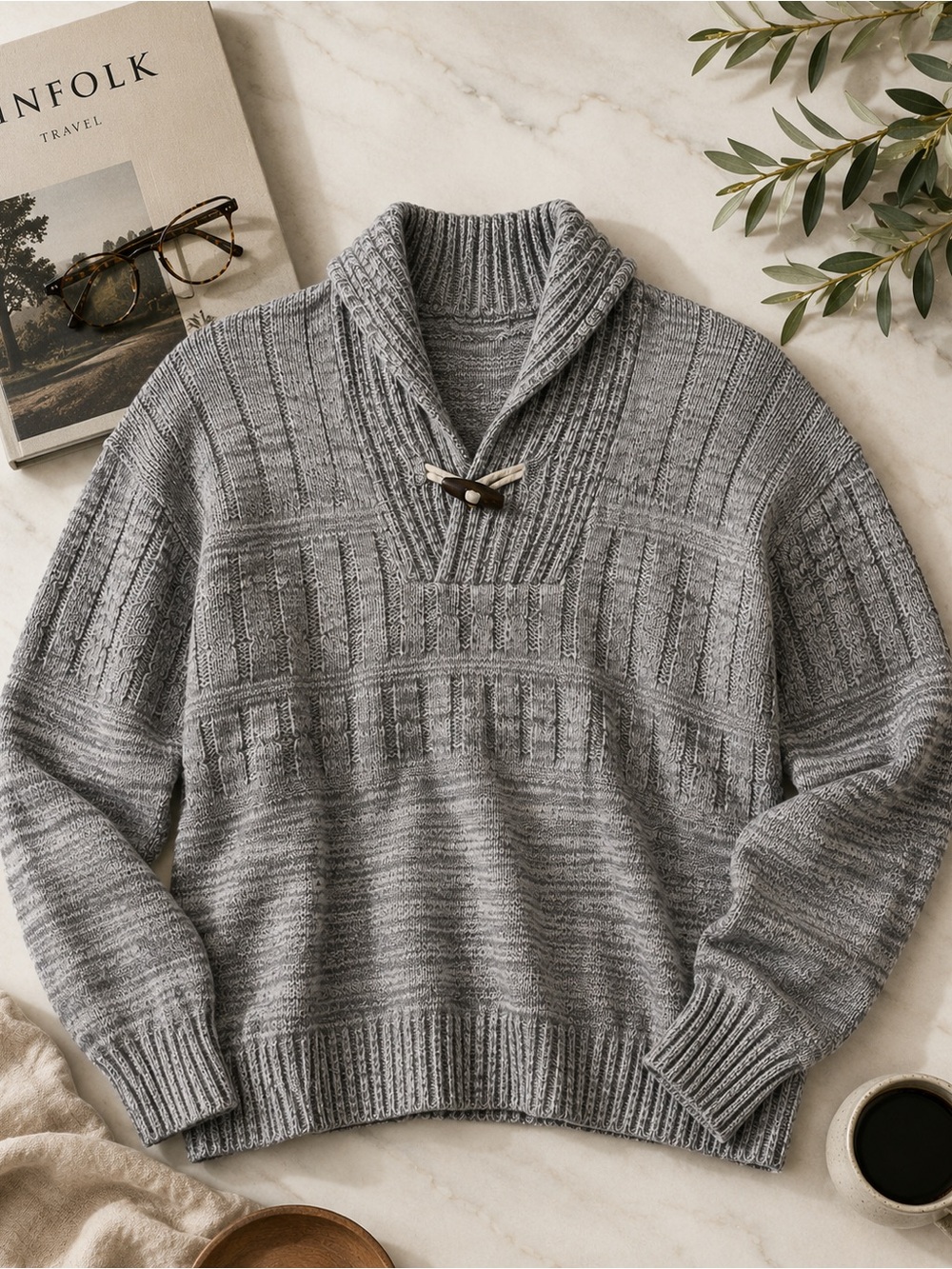 H&M L.O.G.G. Men’s XL Gray Shawl Collar Toggle Cable Knit Pullover Sweater